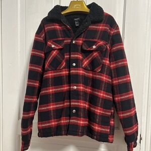FOREVER 21 Sherpa Lined Plaid Shirt Jacket Outerwear Red Black Plaid Size Large